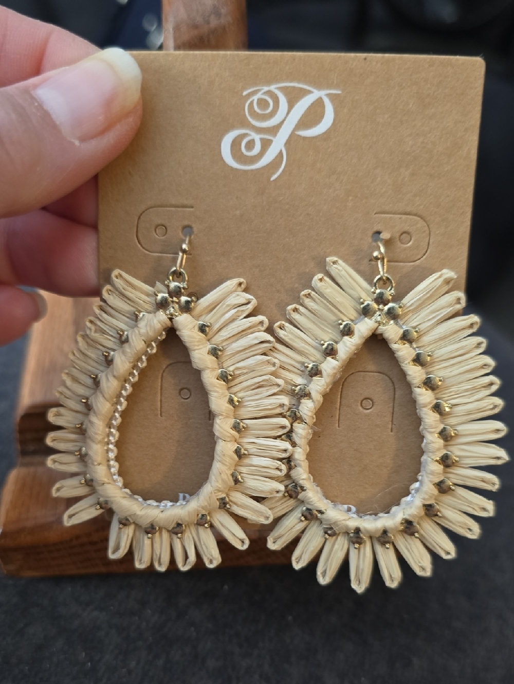 Raffia Teardrop Dangle Earrings - Natural